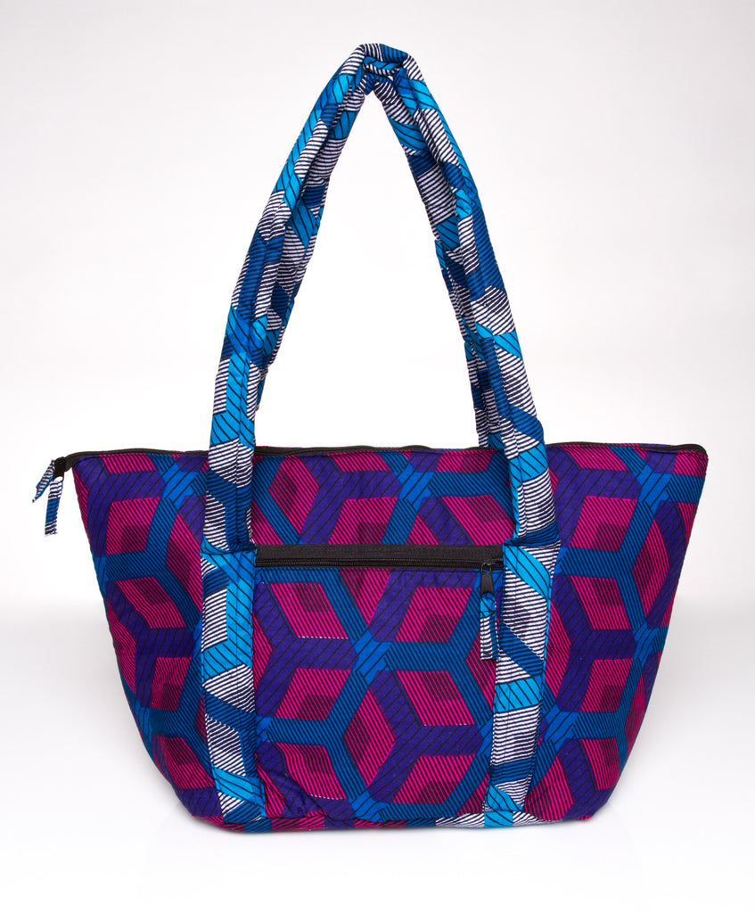 AYINKEH TOTE IN FUSCHIA TURQ HEXAGON PRINT