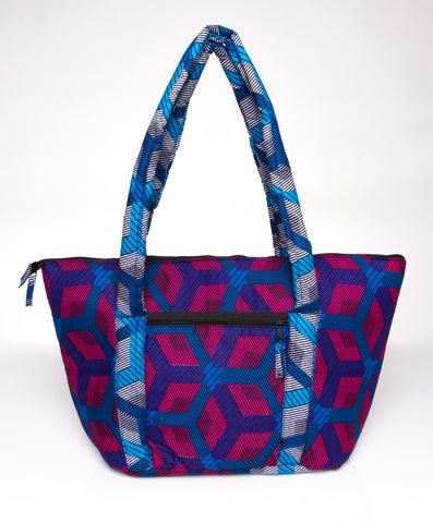 AYINKEH TOTE IN FUSCHIA TURQ HEXAGON PRINT