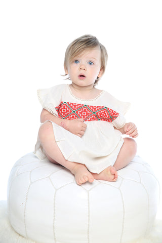 HAND EMBROIDERED TODDLER TEE/DRESS RED & GREEN PRINT AGE 1-3